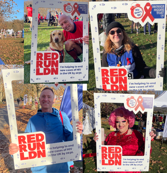 A collage of Red Run supporters and runners holding up Red Run frames.
