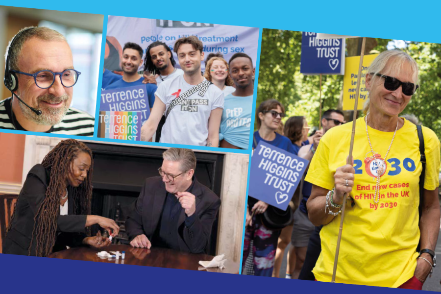 front cover of the Strategy including pictures from London Pride 2025 and Sir Keir Starmer taking an HIV test.