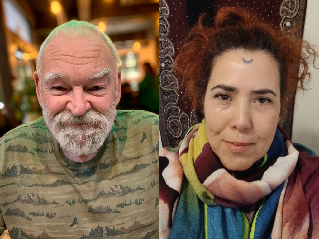 A man with a white beard and green shirt smiles at the camera. On the right a woman with a scarf and red hair smiles.