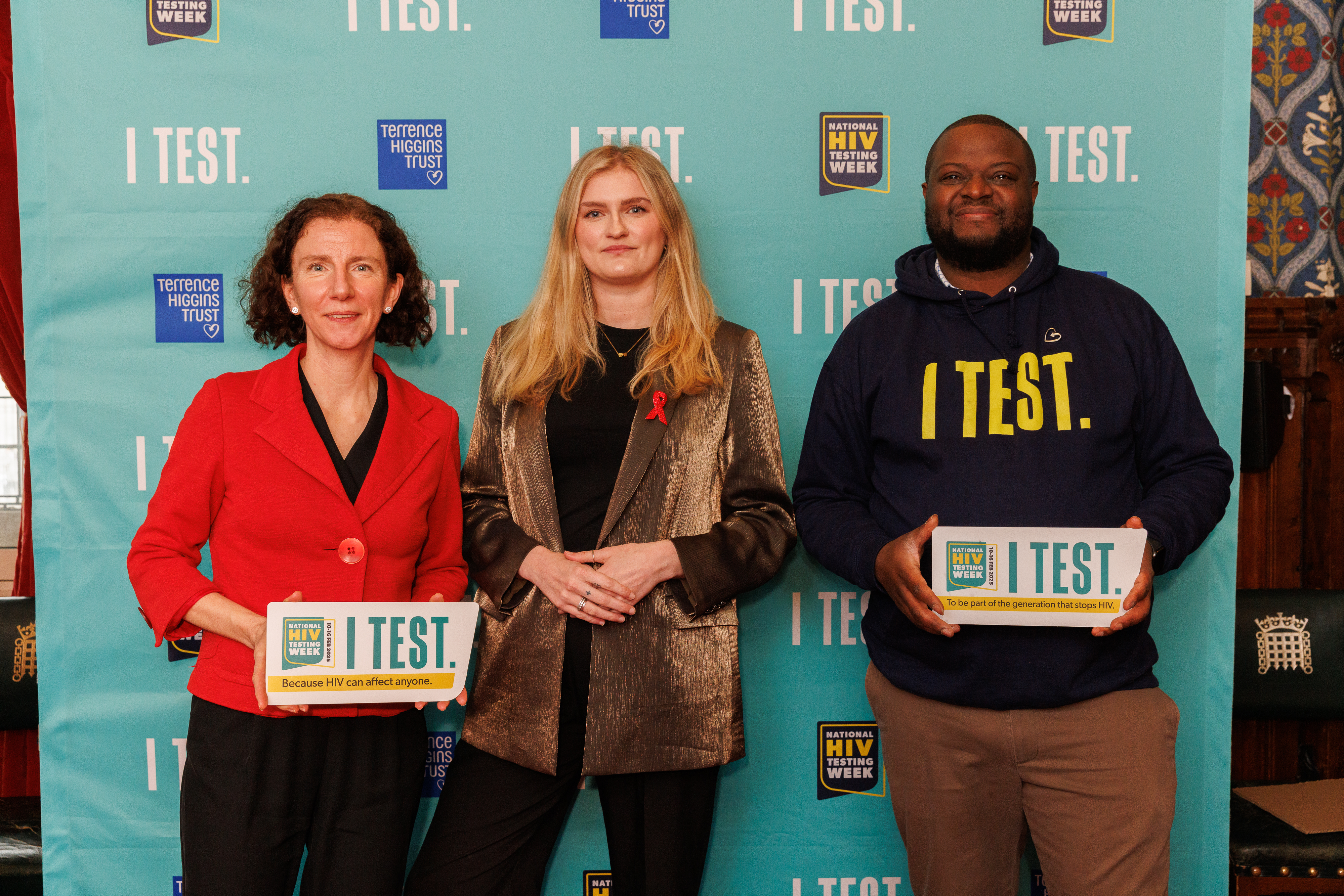 Anneliese Dodds, Mims Davies and Taku of Terrence Higgins Trust.