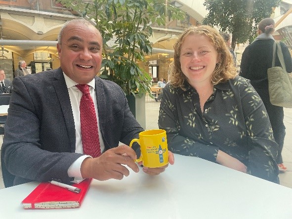 David Burton-Sampson MP with our Policy Manager Katie and his new Terrence Higgins Trust mug.