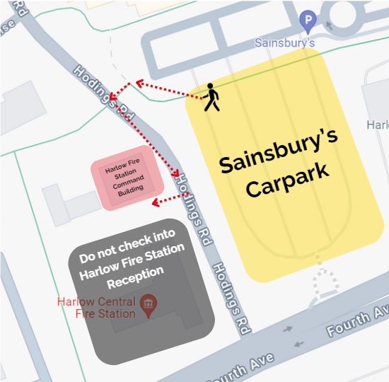 Diagram with directions to the Advice Centre which is near the Harlow Fire Station Community Building.