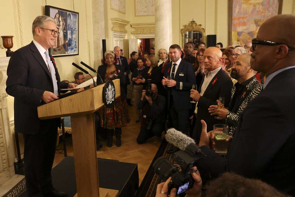 Keir Starmer speaking to a crowd in Number 10 Downing Street.