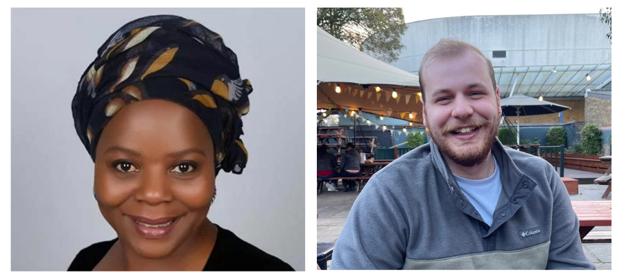 (left) a woman smiling at the camera, inside with a grey background (right) a man sitting outside smiling at camera.