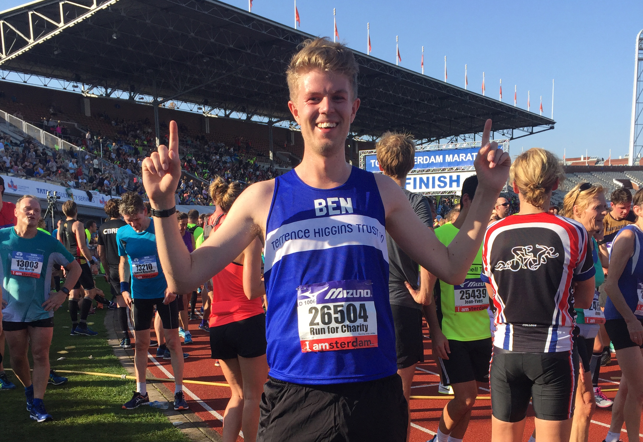 Amsterdam Half Marathon, Ben celebrating