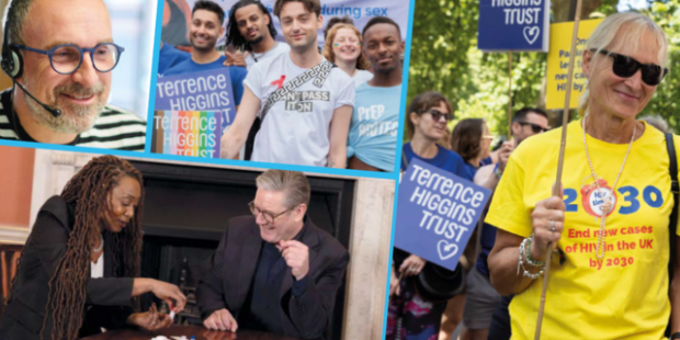 Front cover of the Strategy, including images from London Pride 2025 and Sir Keir Starmer taking an HIV test.