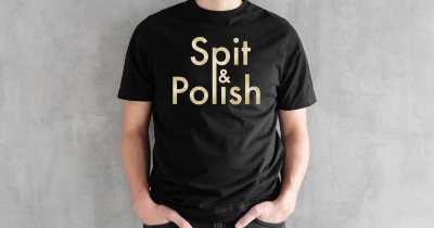 Tip Toe black and gold t-shirt saying 'Spit & Polish'.