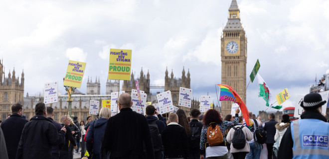 A march on Parliament against HIV Stigma with Big Ben in the background.