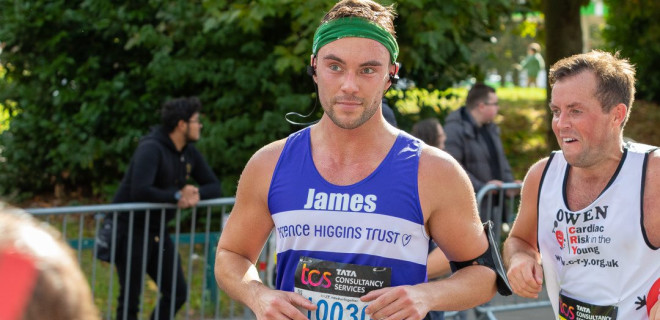 James Davidson running in a marathon in support of Terrence Higgins Trust.