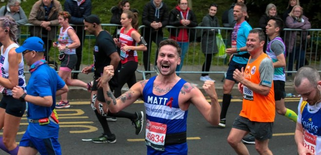 Matt Hill running for the London Marathon in jubilation.