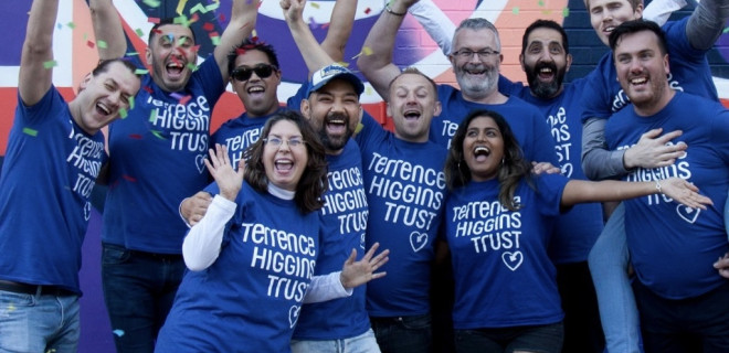 A group of fundraisers in Terrence Higgins Trust t-shirts.