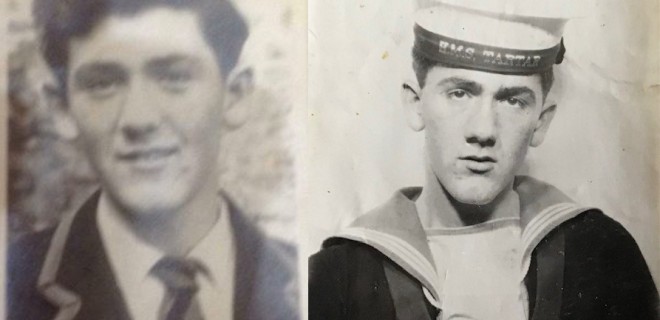 Black and white photos of Terry Higgins as a schoolboy and as a navy man in uniform