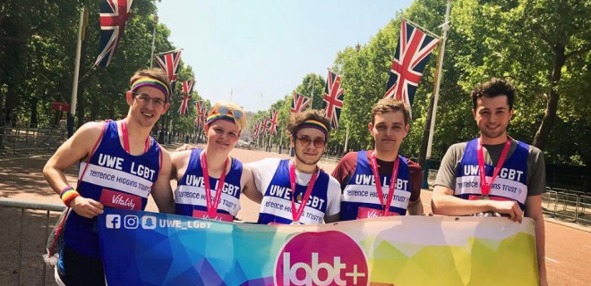 Students from the UWE LGBT society in Terrence Higgins Trust running vests