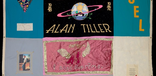 A panel of the UK AIDS memorial quilt. There are 8 panels, with names including Michelle, Nigel, Alan, Scott  and one covered panel