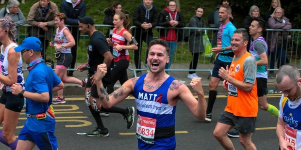 Matt Hill running for the London Marathon in jubilation.