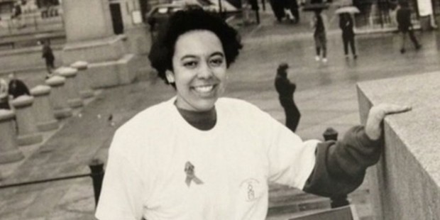 Michelle Clayford wearing a red ribbon
