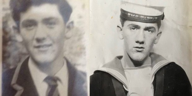 Black and white photos of Terry Higgins as a schoolboy and as a navy man in uniform